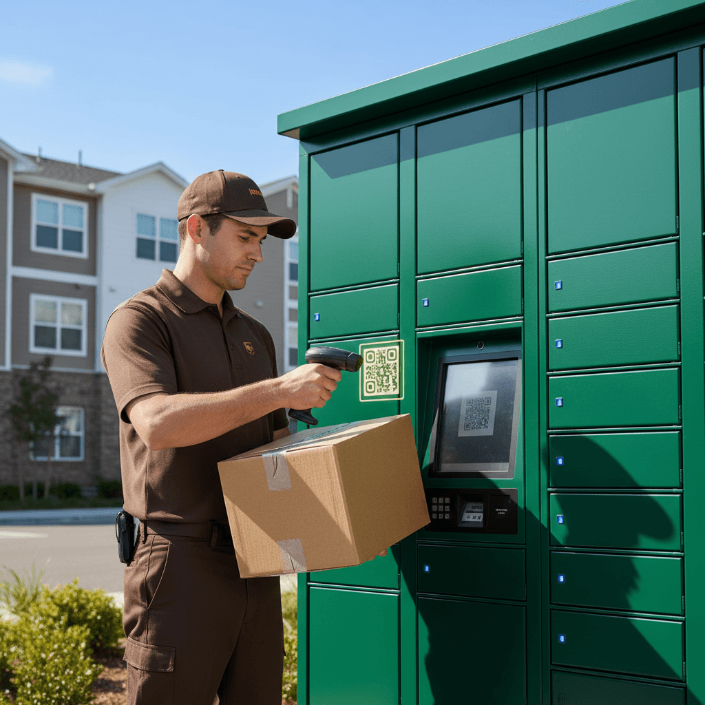 Delivery driver scanning QR code at outdoor parcel locker