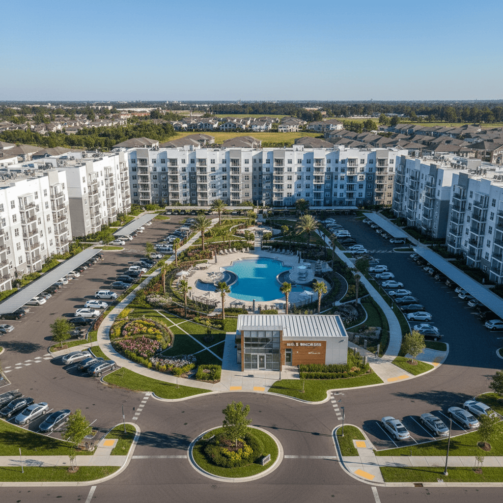 Aerial view of apartment complex with parcel locker station
