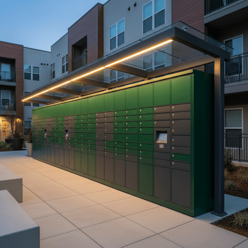 Outdoor parcel locker installation at modern apartment complex